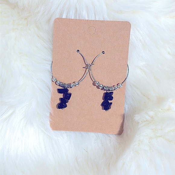 Beautiful Silver Ball โFancy Hoopsโ w/Natural Healing Navy Sparkling Sandstones - Picture 3 of 16